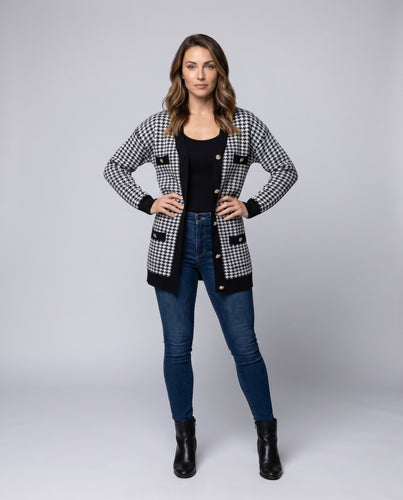 Damen modische Strickjacke mit Hahnentritt-Muster und eleganten Knopfdetails