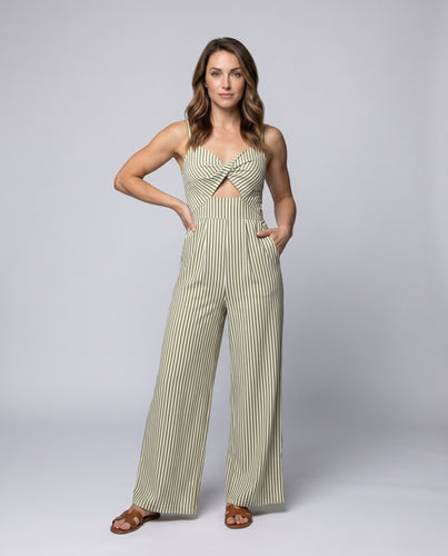 Damen modischer Jumpsuit mit auffälligem Cut-Out und schickem Streifenmuster