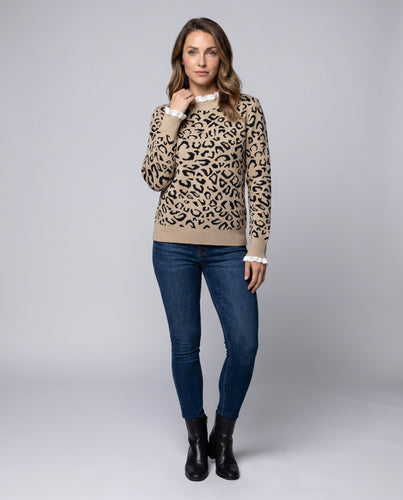 Damen modischer Strickpullover mit Leopardenmuster und Rüschenakzenten