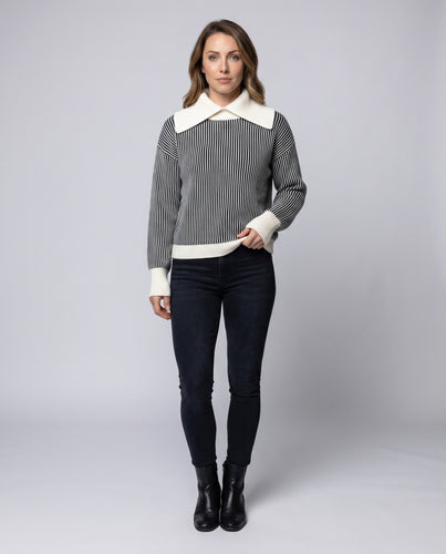 Damen modischer Sweatpullover mit kontrastierendem Kragen und Streifenmuster