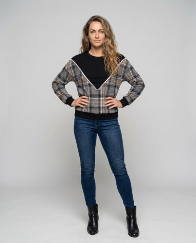 Damen modischer Sweatshirt mit kariertem Design und Spitzendetails