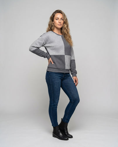 Damen modisches Sweatshirt mit geometrischem Blockdesign und strukturiertem Material