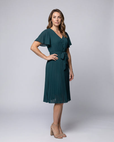 Damen plissiertes Kleid mit V-Ausschnitt und Taillengürtel