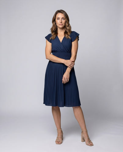 Damen Plissiertes Midi-Kleid mit V-Ausschnitt und Rüschendetails