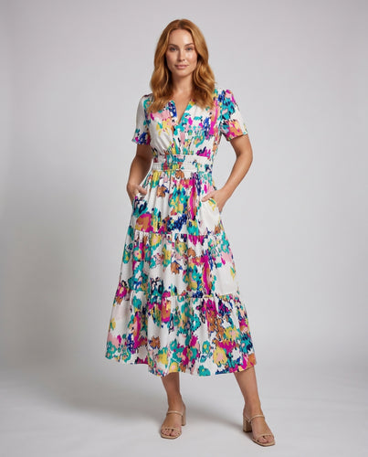 Damen Sommerliches Maxikleid mit elastischem Taillengürtel und seidigem Stoff