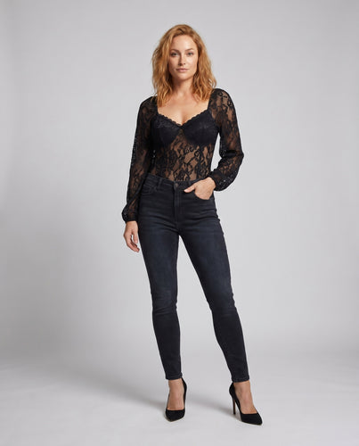 Damen Spitze Bodysuit mit elegantem Puffärmel und tiefem Ausschnitt