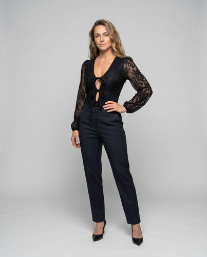 Damen Spitzen-Bodysuit mit tiefem V-Ausschnitt und Rüschendetails