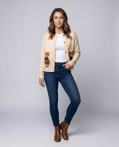 Damen Strickjacke mit verspieltem Bärenmotiv und Knopfleiste