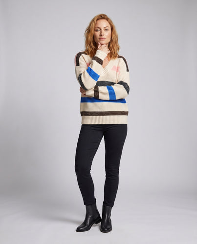 Damen Strickpullover mit V-Ausschnitt und lässigem Streifenmuster