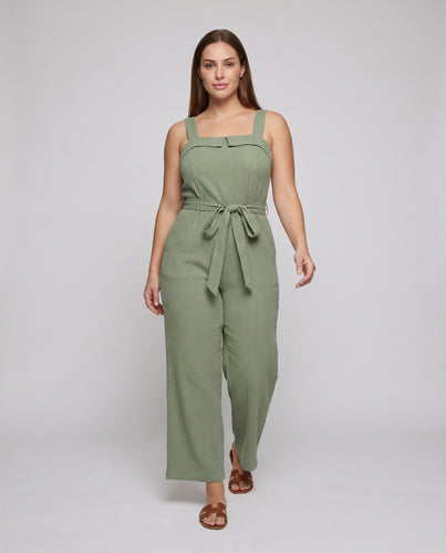 Damen weite Jumpsuit mit Taillengürtel und quadratischem Ausschnitt
