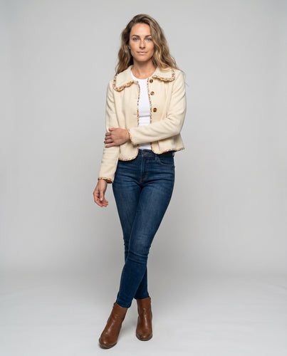 Damen zeitlose Blazerjacke mit farbenfrohem Kragen und eleganten Knopfdetails
