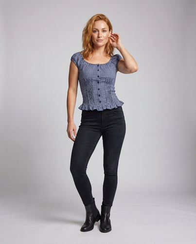 Damen Blusenshirt mit Puffärmeln und dekorativen Knöpfen