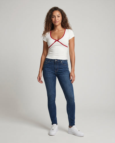 Damen elegantes T-Shirt mit tiefem V-Ausschnitt und dekorativem Knopfdesign