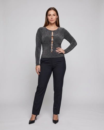 Damen Figurbetontes Langarmshirt mit dekorativen Knopfdetails