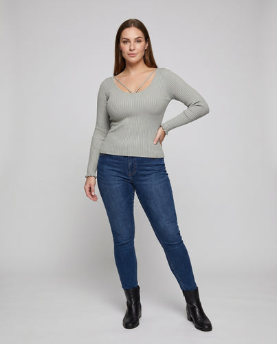 Damen figurbetontes Langarmshirt mit einzigartigem V-Ausschnitt und raffinierten Trägerdetails