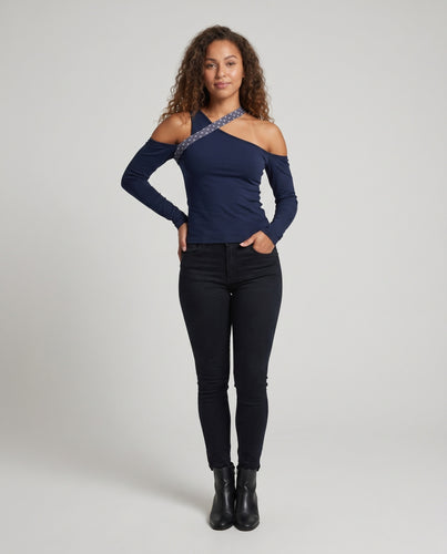 Damen figurbetontes und asymmetrisches Oberteil mit modischem Schulterdesign