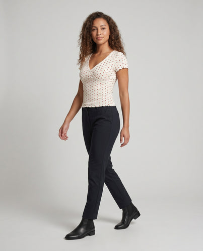 Damen Figurumspielendes Kurzarm-T-Shirt mit V-Ausschnitt und gepunktetem Design