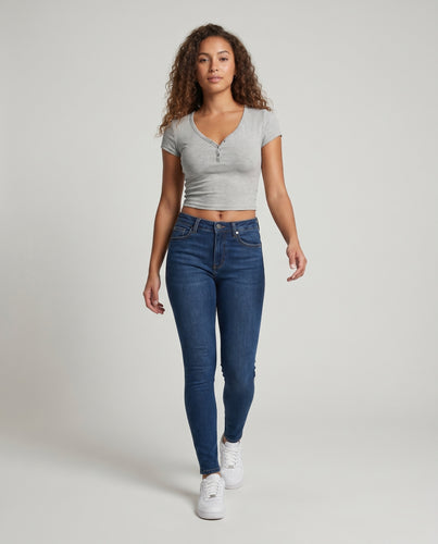 Damen Kurzarm T-Shirt mit Knopfleiste und figurbetonter Passform