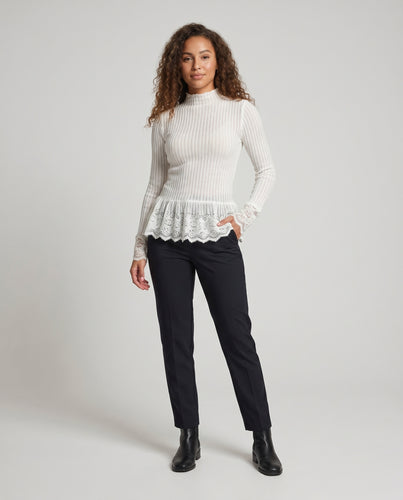 Damen Langarmshirt mit romantischem Spitzenrüschensaum