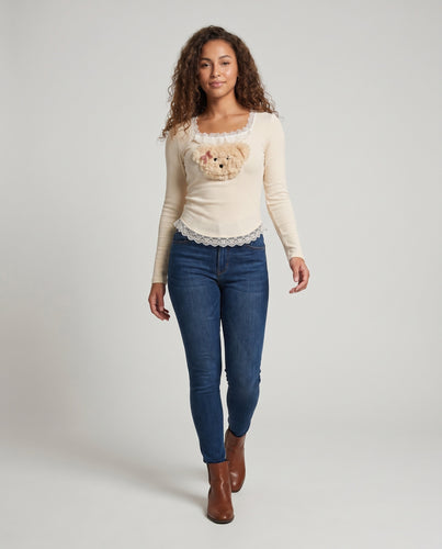 Damen Langarmshirt mit verspieltem Teddy-Design und Spitze