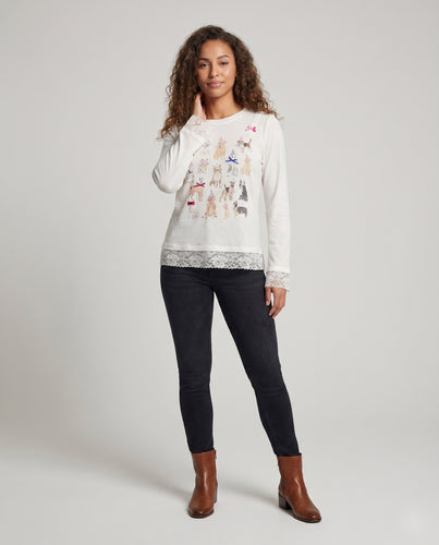 Damen Langarmshirt mit verspieltem Tiermotiv und Spitzenbordüre