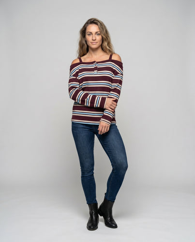 Damen Lässiges Langarmshirt mit Schulterauschnitt und Streifenmuster