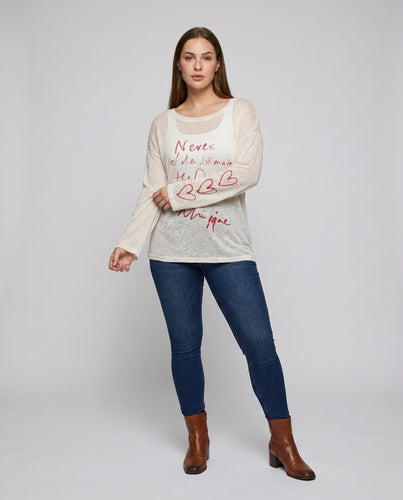 Damen lässiges Oversized-Langarmshirt mit offener Schulter und kreativem Schriftzug