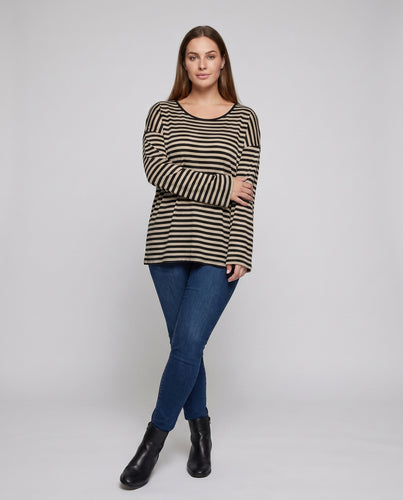 Damen Lässiges Oversized-Streifenoberteil mit tiefem V-Ausschnitt