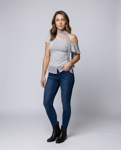 Damen Off-Shoulder Bluse mit Karomuster und verspielter Schleifenakzent