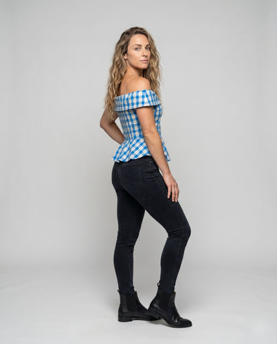 Damen Off-Shoulder Bluse mit Pepita-Muster und romantischem Rüschensaum