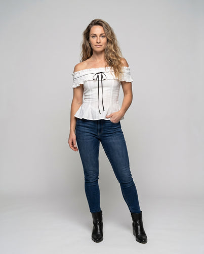 Damen Off-Shoulder Bluse mit Rüschen und Satinband