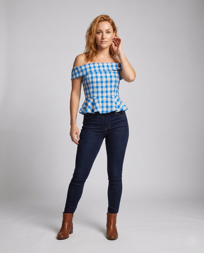 Damen Off-Shoulder Oberteil mit karierter Struktur und voluminösem Saum