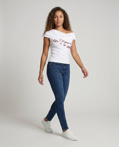 Damen Off-Shoulder T-Shirt mit verspieltem Schriftzug