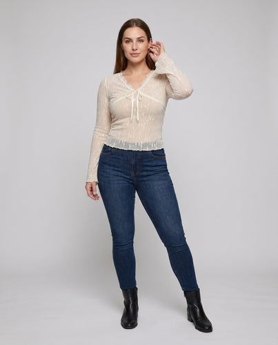 Damen Plissee-Spitzenbluse mit Schleifenakzent