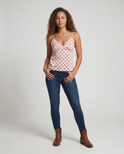 Damen Polka-Dot Spaghetti-Träger-Top mit Spitzenrand