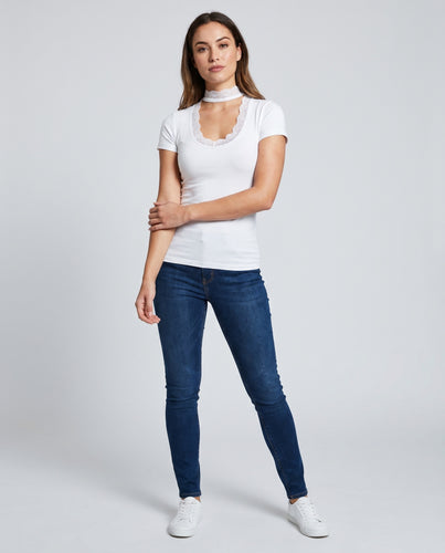 Damen Spitzen-Ausschnitt Kurzarmshirt mit Choker