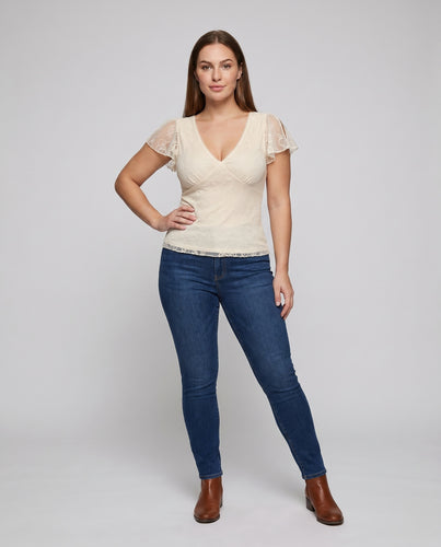 Damen Spitzenbluse mit Rüschendetails und elegantem V-Ausschnitt