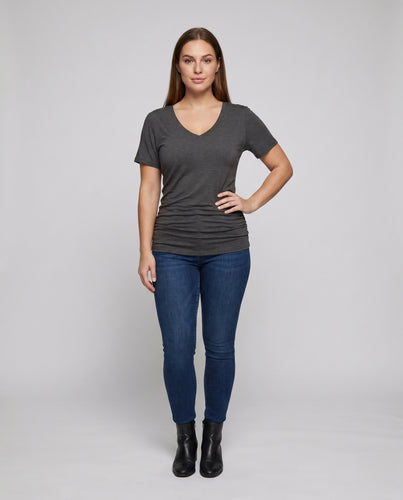 Damen Sportliches V-Ausschnitt T-Shirt mit Raffung