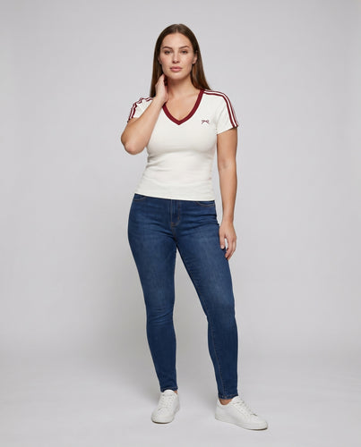 Damen sportliches V-Ausschnitt T-Shirt mit Rüschendetails