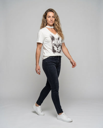 Damen T-Shirt mit kreativem Katzenmotiv und lässigem Schnitt