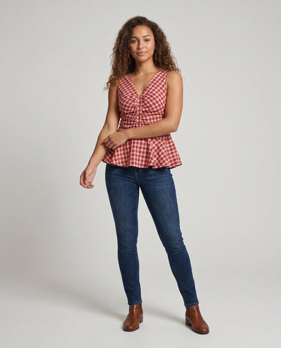 Damen V-Ausschnitt Blusenshirt mit weitem Saum und Knopfdetails