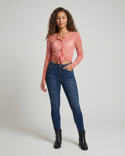 Damen Viskose Crop-Top mit Karomuster und Knotenverschluss