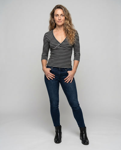 Damen Wickelshirt mit langem Arm und modischem Streifenmuster