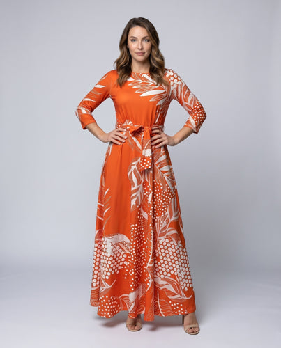 Damen Maxikleid mit elegantem Muster und schickem Gürtel