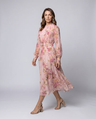 Damen Blütenverziertes Chiffon-Midikleid mit eleganter Taillierung und Schulterpolstern R&B