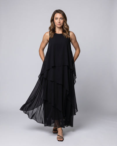 Damen Chiffon Maxikleid mit fließendem Schnitt und asymmetrischen Rüschendetails R&B