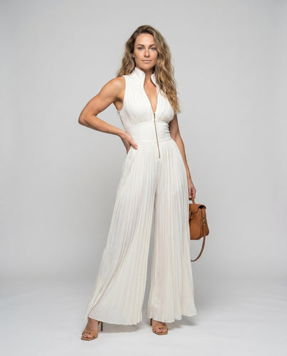Damen Eleganter Jumpsuit mit plissierten Details und hohem Kragen R&B