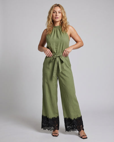 Damen Eleganter Jumpsuit mit weiten Beinen und dekorativen Spitzenabschlüssen R&B
