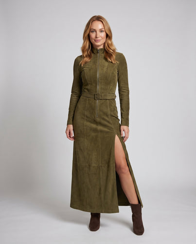 Damen Elegantes Langarm Kleid mit hochgeschlossenem Reißverschluss und seitlichem Schlitz R&B