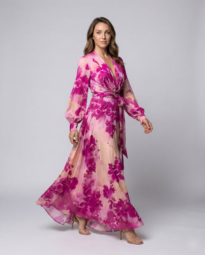 Damen Elegantes Maxikleid mit tiefem V-Ausschnitt und floralem Design R&B